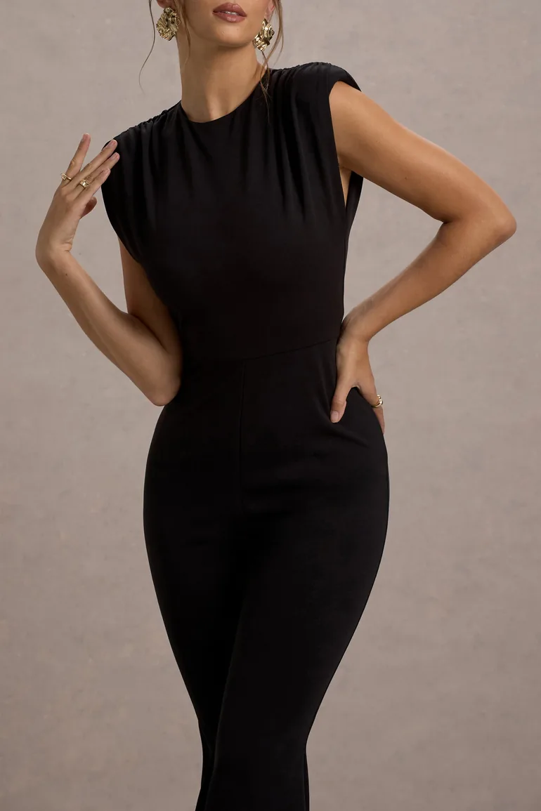 Elyna | Black High-Neck Draped Flared-Leg Jumpsuit - 4