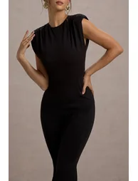 Elyna | Black High-Neck Draped Flared-Leg Jumpsuit - 4