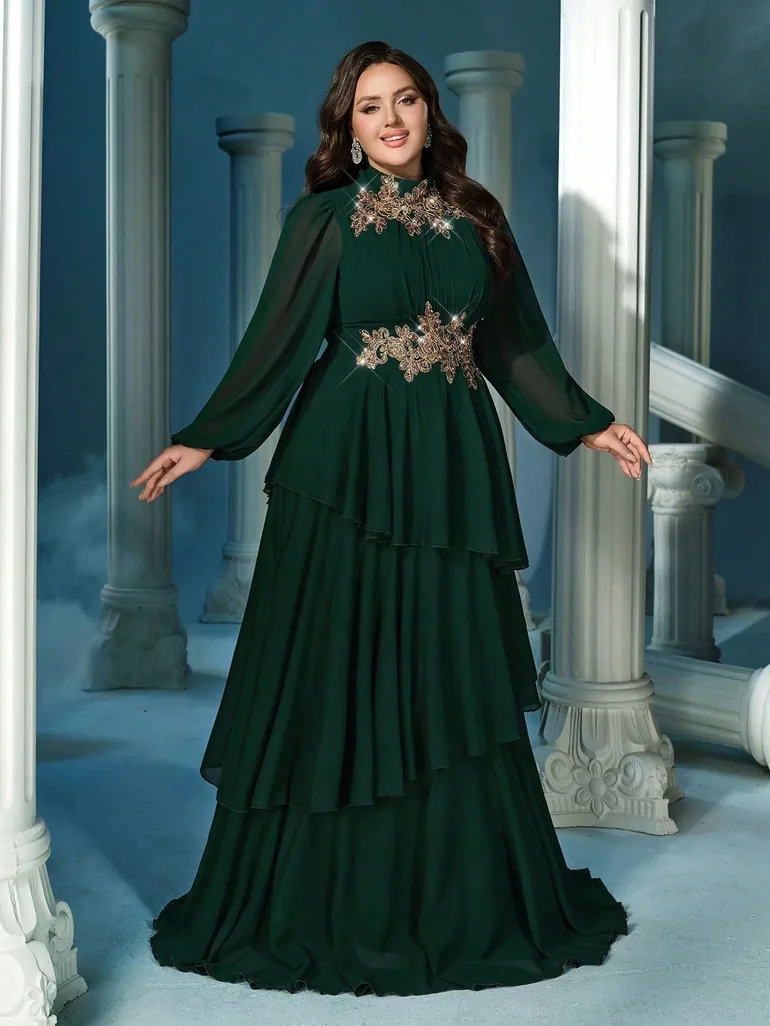 Noble Temperament Plus Size Chiffon Long Sleeve Layered Hem Gown Dress QOQ  Green : Dresses : VogaCloset Bahrain