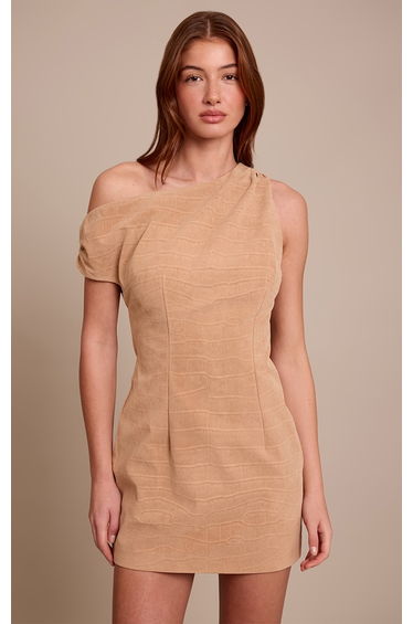 Beige Faux Suede Croc Asymmetric Mini Dress