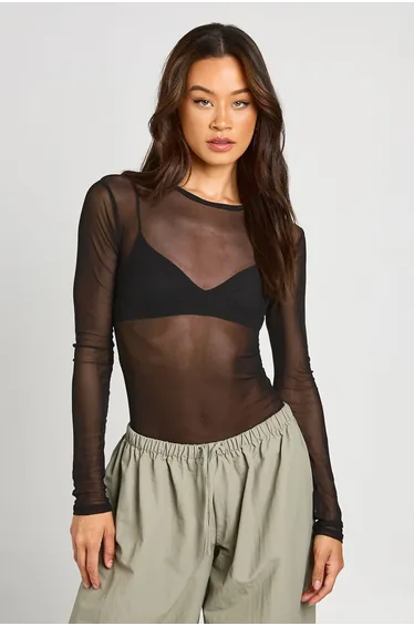 Tall Basic Mesh Long Sleeve Bodysuit - black