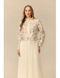 Modest Glamour Embellished Cropped Jacket & Pleated Dress Set - 5