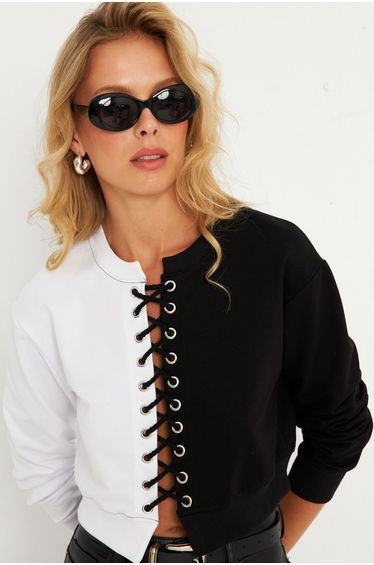 Women's White-Black Eyelet Short Sweatshirt
