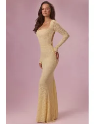 Premium Lace Long-Sleeve Maxi Dress in Butter Yellow - 3
