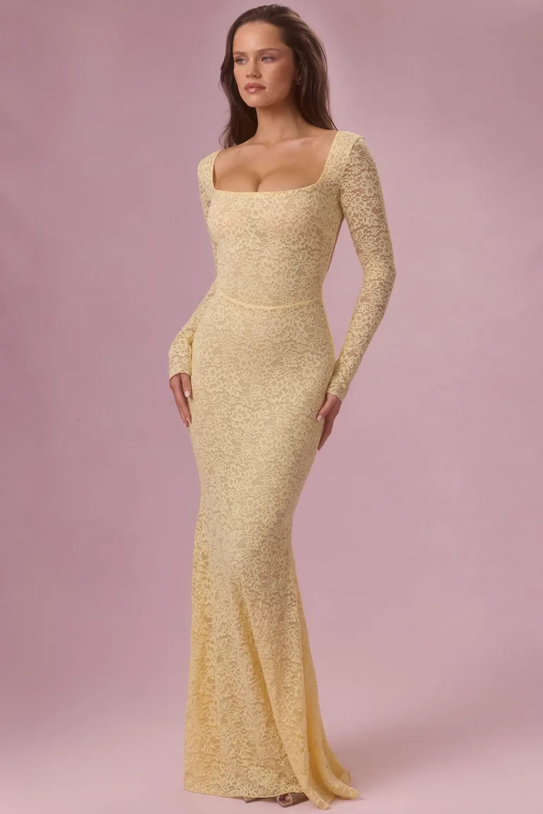 Premium Lace Long-Sleeve Maxi Dress in Butter Yellow