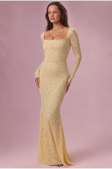 Premium Lace Long-Sleeve Maxi Dress in Butter Yellow