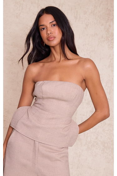 Stone Woven Peplum Detail Bandeau Top