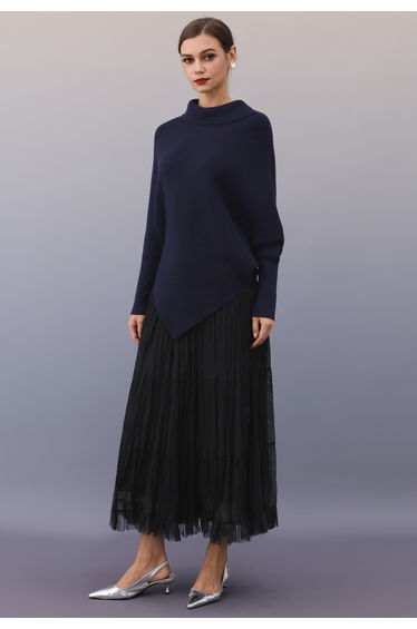 Folded Neck Batwing Sleeves Asymmetric Hem Knit Sweater in Navy