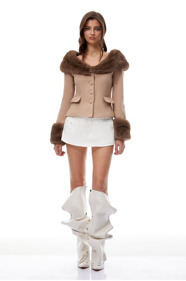 Eliza Khaki Fur Trim Woolen Jacket