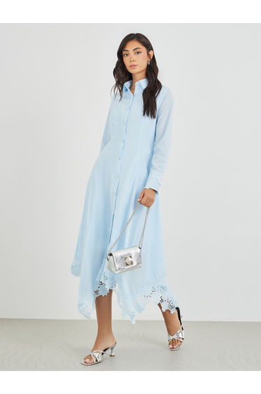 Solid Lace Insert Long Sleeves Shirt Midi Dress