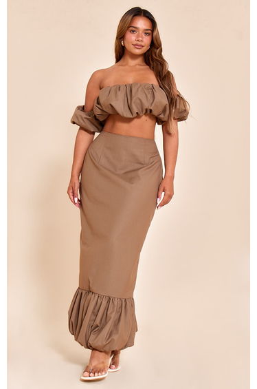 Shape Mocha Woven Dropped Hem Puffball Maxi Skirt