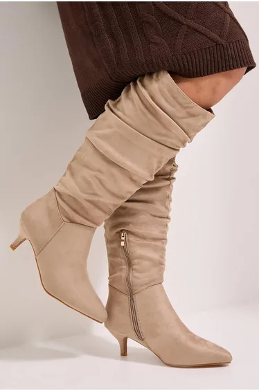 Wide Fit Khloe Faux Suede Kitten Heel Knee High Ruched Boots