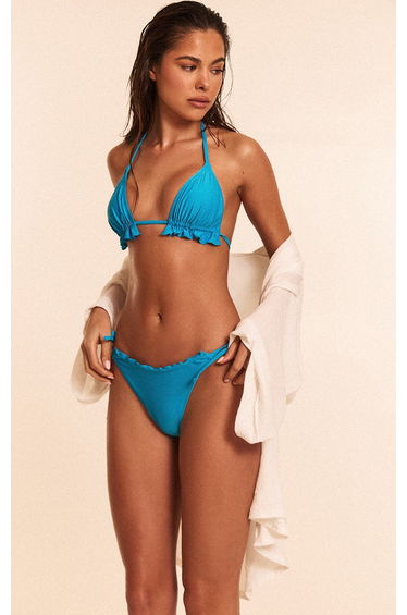 Blue Frill Edge Tie Side Bikini Bottoms