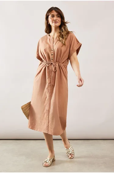 Linen Mix Button Drawstring Midi Dress