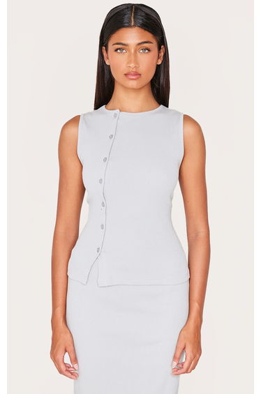 Grey Ribbed Asymmetric Button Up Vest Top