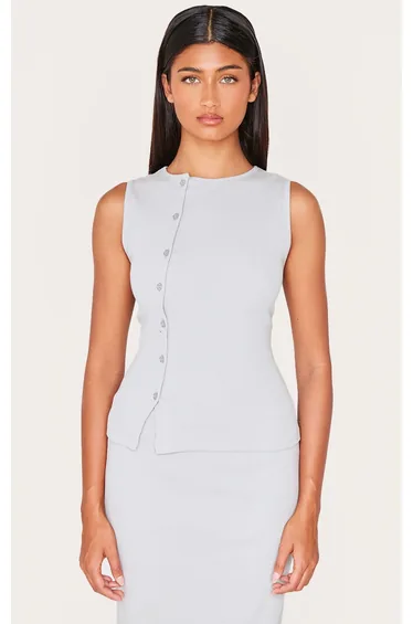 Grey Ribbed Asymmetric Button Up Vest Top