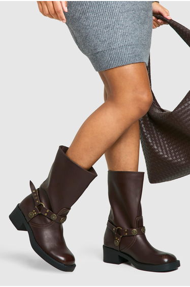 Wide Fit Western Style Buckle Detail Boots - brown
