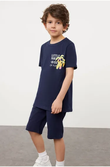 Navy Blue Boy's Patterned Short Sleeve T-shirt Shorts Knitted Set Top-Bottom Suit