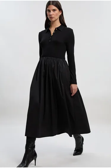 Petite Viscose Rib Button Up Button Up Collared Shirt Dress