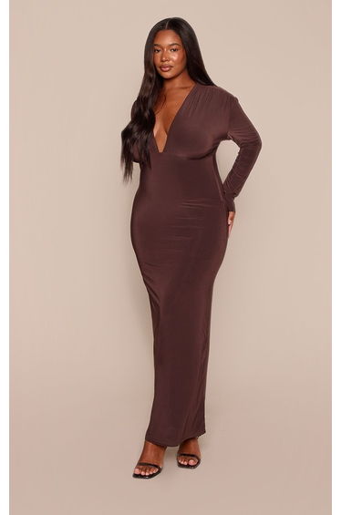 Plus Chocolate Slinky Plunge Midaxi Dress