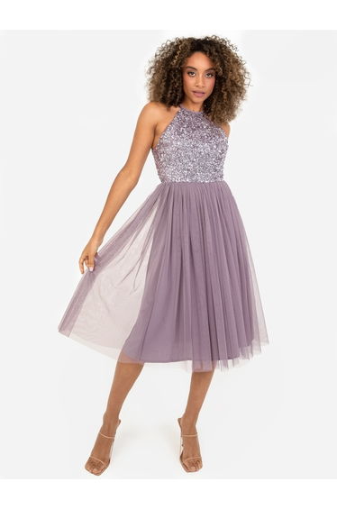 Maya Moody Lilac Embellished Halter Neck Midi Dress