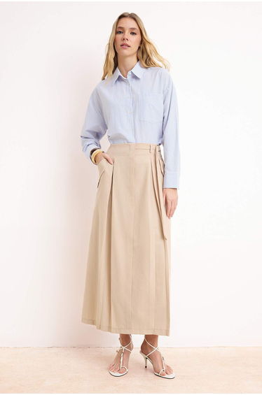 Beige Unlined Plain Woven Pleated and Pocket Detailed Hijab Skirt