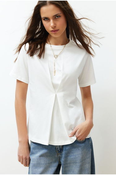 Ecru Front Pleat Detail Regular/Normal Fit Knitted Blouse