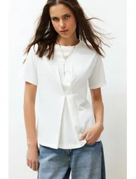 Ecru Front Pleat Detail Regular/Normal Fit Knitted Blouse
