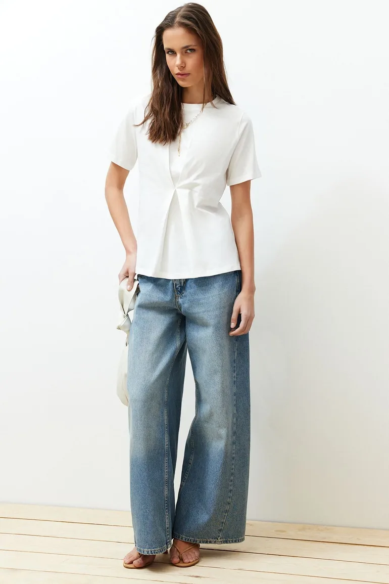 Ecru Front Pleat Detail Regular/Normal Fit Knitted Blouse - 2