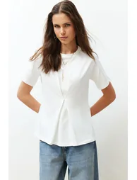 Ecru Front Pleat Detail Regular/Normal Fit Knitted Blouse - 1