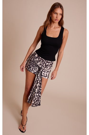 Black Printed Slinky Knot Detail Mini Skirt
