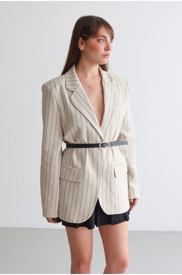 Stone Striped Belted 100% Cotton Lined Blazer Jacket