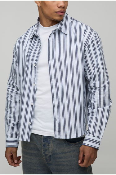 Oversized Boxy Stripe Long Sleeve Curved Hem Shirt - blue