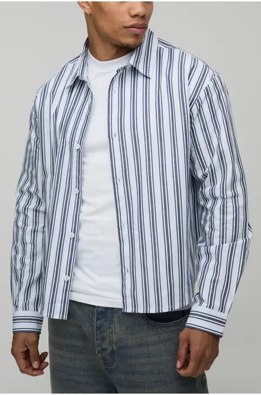 Oversized Boxy Stripe Long Sleeve Curved Hem Shirt - blue