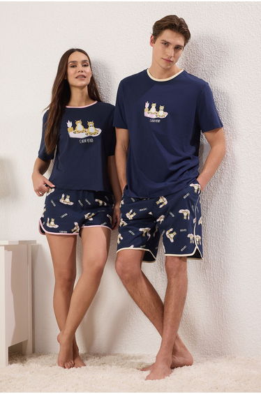 Navy Blue Cat Printed Couple 100% Cotton Knitted Pajama Set