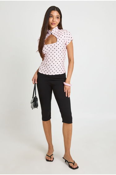 Polka Dot Bengaline Key Hole Cap Sleeve Top - pink