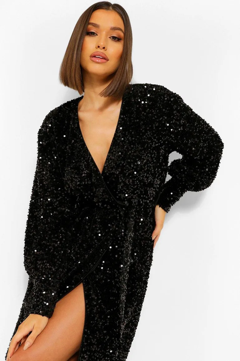 Sequin Long Sleeve Tie Waist Midi Party Dress - black - 3
