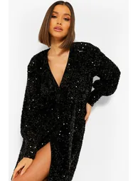 Sequin Long Sleeve Tie Waist Midi Party Dress - black - 3