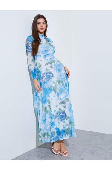 Blue Floral A-Line Maxi Dress with Long Sleeves