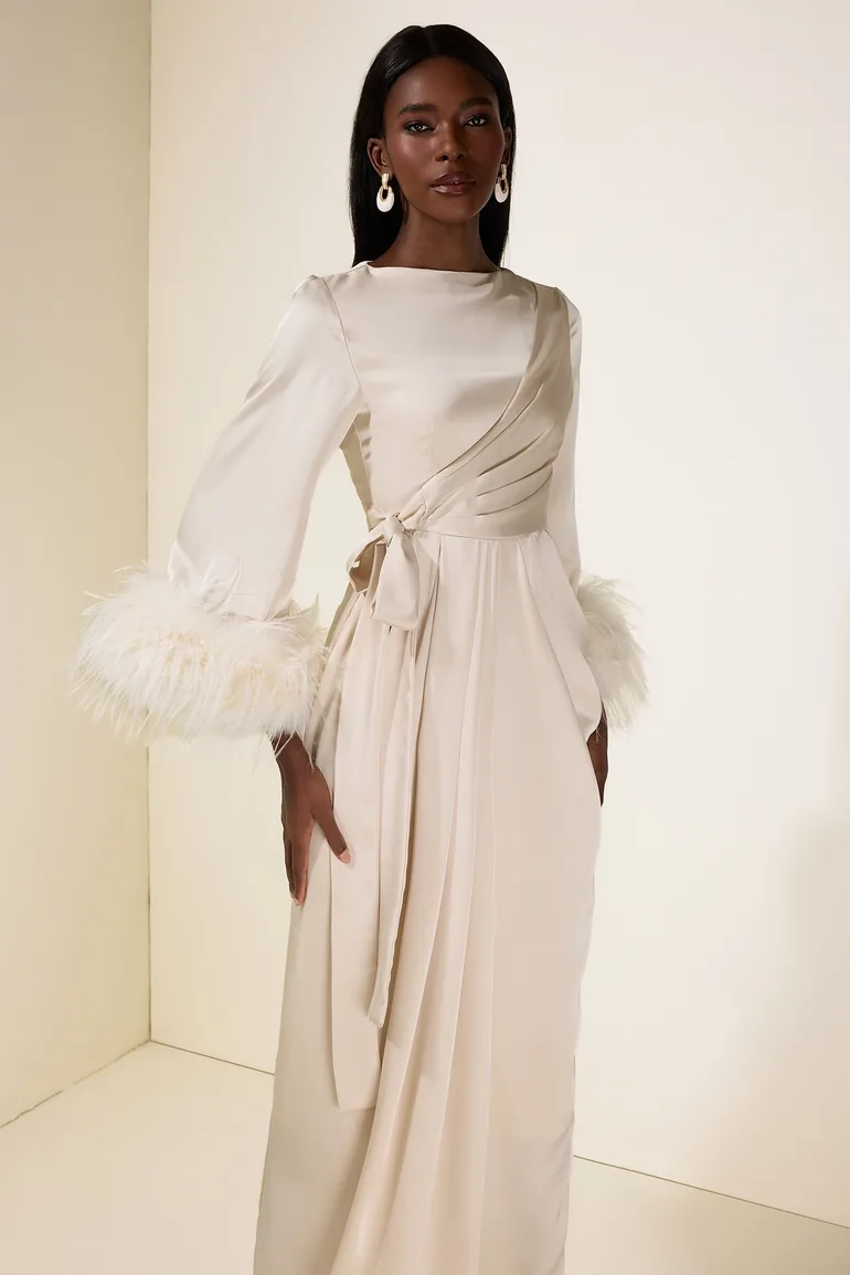 feathered satin long dress Coast Women's Feather Trim Satin Maxi Dress