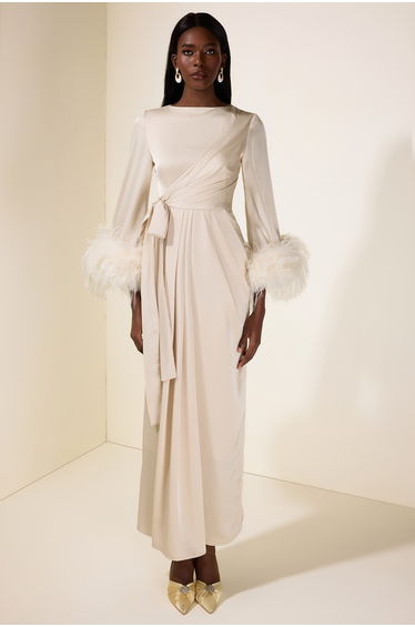 Satin Lace-Up Feather-Trimmed Pleated Maxi Dress