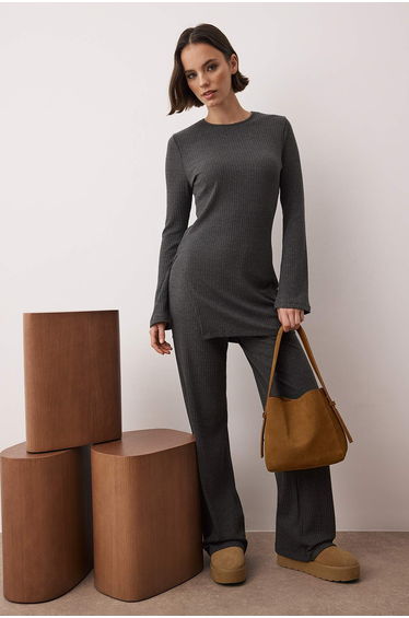 Anthracite mmore sustaible viscose ribbed knitted tracksuit set