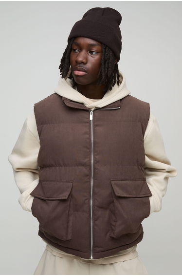 Boxy Faux Suede Funnel Neck Gilet In Chocolate - chocolate