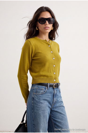 Oil Green Basic Cardigan-Blouse Knitwear Cardigan