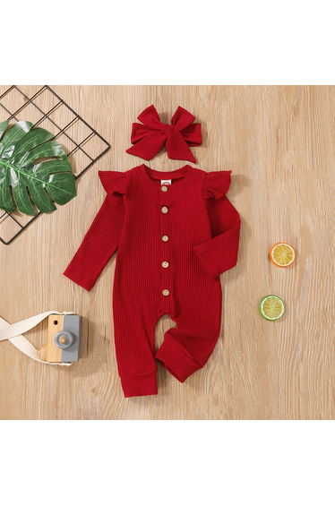 Baby Solid Color Romper with Bowknot Headband