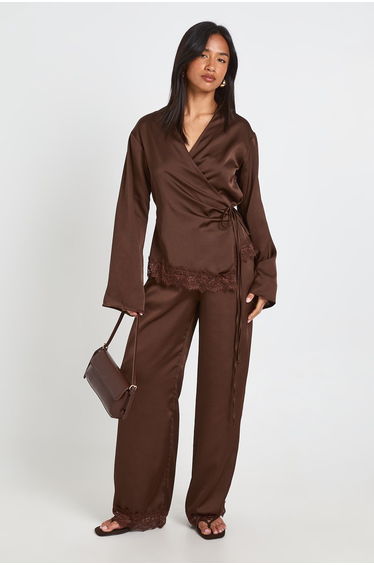 Petite Lace Hem Satin Wrap Top Co-Ord - chocolate