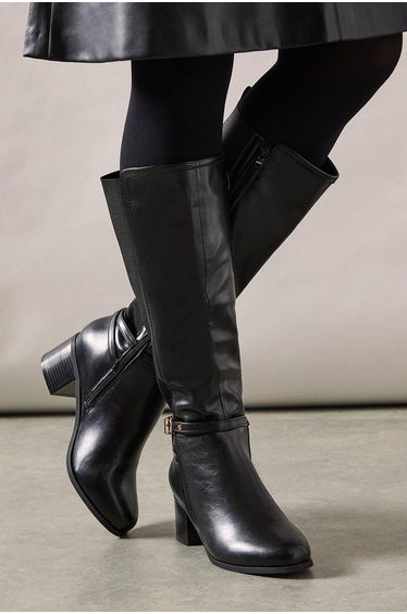 Wide Fit Hills Strap Detail Elastic Back Block Heel Knee Boots