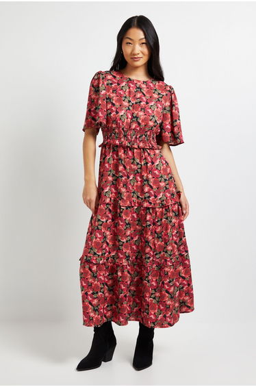 Petite Red Floral Shirred Waist Angel Sleeve Tiered Maxi Dress