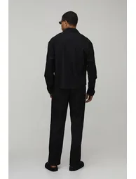 Oversized Boxy Long Sleeve Linen Blend Shirt - black - 1