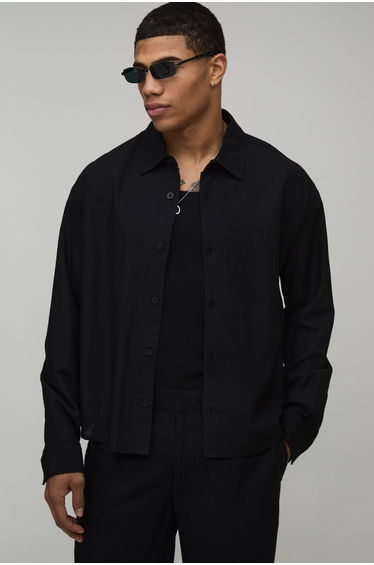 Oversized Boxy Long Sleeve Linen Blend Shirt - black